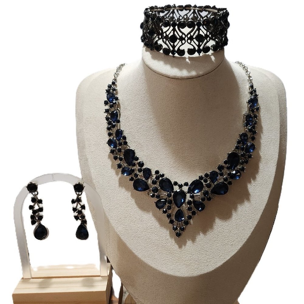 BriLove Wedding Jewelry Set Crystal Teardrop Necklace Earring Bracelet Deep Blue